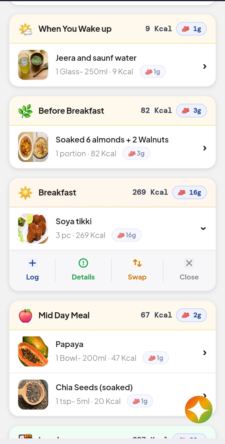 Fitrofy diet plan — slot-wise Indian meals (jeera water, soaked almonds, soya tikki, papaya) with Log / Details / Swap actions