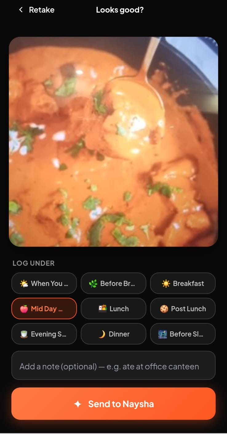 Fitrofy app showing the Looks Good? camera flow — snap a meal photo, pick the slot, Send to Naysha